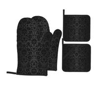 Maniques De Cuisine Damas À Fleurs Noires Victorien Imperméable Gants De Four Lavable Lot De 4 pour Cheminée Cuisson Griller