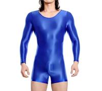 MANJIAMEI Singlet de Lutte Brillant Homme Jumpsuit Body de Gym à Manches Longues Col Rond Leotard Unitard Une Pièce Sans Couture Playsuits Décontracté Rave Festival Nuisette Clubwear Bleu/M