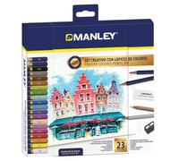 Manley Kit créatif avec crayons de couleur 23 pièces | Artist quality | Comprend 18 crayons de couleur premium, 1 crayon graphite 2B, 1 blender, 1 gomme, 1 taille-crayon et 1 bloc de croquis A5