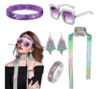 MaNMaNing Déguisement Carnaval Femme Ensemble Disco Bandeau Sequins Lunettes Collier Boucles D'Oreilles Écharpe Strass Bracelet Pour Soirée Années 70 Déguisement Femme Éblouissant
