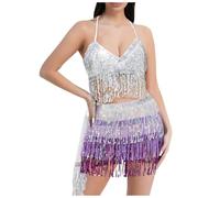 MaNMaNing Déguisement Carnaval Femme Ensemble Robe De Scène À Sequins Soutien Gorge Perles Pour Danse Orientale Ceinture À Franges Coordonnée Tenue De Danseuse Femme Orientale Complète Et Étincelante