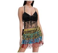 MaNMaNing Déguisement Carnaval Femme Ensemble Robe De Scène À Sequins Soutien Gorge Perles Pour Danse Orientale Ceinture À Franges Coordonnée Tenue De Danseuse Femme Orientale Complète Et Étincelante