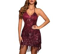 MaNMaNing Déguisement Carnaval Femme Robe À Glands Sexy Sans Manches Style Flapper Mini Robe À Sequins Pour Soirée Cocktail Tenue De Cabaret Élégante Pour Fête De La Musique Et Bal Fin D'Année