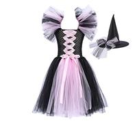 MaNMaNing Deguisement Halloween Fille Robe Sorcière Noire Tulle Volants avec Chapeau pour Théâtre Fête Carnaval Deguisement Princesse Fille