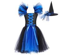 MaNMaNing Deguisement Halloween Fille Robe Sorcière Noire Tulle Volants avec Chapeau pour Théâtre Fête Carnaval Deguisement Princesse Fille