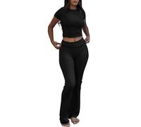 MaNMaNing Ensemble de Yoga Deux Pièces avec Haut à Manches Courtes et Legging Évasé pour Femmes en Tissu Confortable et Coordonné