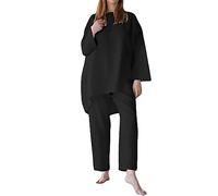 MaNMaNing Ensemble Décontracté Femme Deux Pièces Lin Coton Couleur Unie Loose Chemise Manches Longues et Pantalon Tenue Confortable Printemps