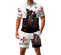 MaNMaNing Ensemble Lin Homme Polo Col A Revers A Manches Courtes Avec Boutons Et Imprimé Drapeau Anglais Saint George Et Short Large Assorti Tenue Decontractee Business Patriotique Pour L Ete