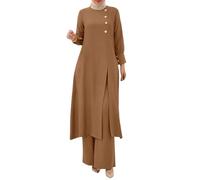 MaNMaNing Ensemble Musulman Élégant Femme Deux Pièces Couleur Unie Chemise Longue Irrégulière et Pantalon Large Jambe Tenue Modeste Style Chic