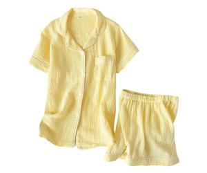 MaNMaNing Ensemble Pyjama Femme en Double Gaze - Haut à Manches Courtes et Shorts - Pure Couleur et Col à Revers Matière Respirante Confortable