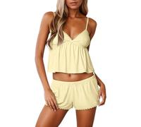 MaNMaNing Ensemble Pyjama Femme Pure Couleur - Bretelles Dentelées avec Finition Nœud et Bordure en Dentelle - Shorts Confy Tenue Légère pour l'Été