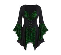 MaNMaNing Haut Gothique Femme Manches Trois Quarts Encolure V Volants Évasés Maille Laçage Tunique Médiévale Petite Grande Robe À Style Ajusté Et Vintage pour Femmes Et Tenue De Soirée