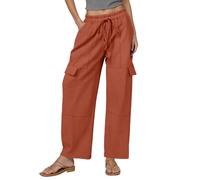 MaNMaNing Pantalon Cargo Lin Femme Taille Haute Large avec Cordon Et Poches Multiples Style Utilitaire Pantalon Fluide Femme Été Décontracté Ample Confortable Respirant pour Les Aventures Urbaines