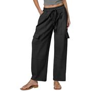 MaNMaNing Pantalon Cargo Lin Femme Taille Haute Large avec Cordon Et Poches Multiples Style Utilitaire Pantalon Fluide Femme Été Décontracté Ample Confortable Respirant pour Les Aventures Urbaines