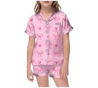 MaNMaNing Pyjama Fille Adolescente Saint Valentin imprimé Manches Courtes Haut à Boutons Short Poches Ensemble de Nuit Confortable Maison