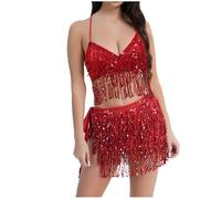 MaNMaNing Robe de Performance à Sequins pour Femme Danse du Ventre Tenue de Scène avec Chaîne Waist et Franges Tenue Carnaval pour Party et Spectacle