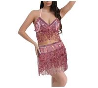 MaNMaNing Robe de Performance à Sequins pour Femme Danse du Ventre Tenue de Scène avec Chaîne Waist et Franges Tenue Carnaval pour Party et Spectacle