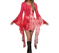 MaNMaNing Robe Élégante Femme Style Punk Gothique Manches Chauve-Souris Imprimé Halloween pour Soirée Costume Volants Irréguliers Fête Médiévale