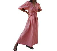 MaNMaNing Robe en Lin Femme Col V Manches Bouffantes Taille Haute Ceinturée Un Modèle Chic Et Flatteur pour Sublimer La Silhouette Robe Lin Femme Élégante