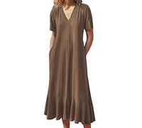 MaNMaNing Robe en Lin Femme Col V Manches Courtes Fente Latérale Coupe Ample Un Modèle Simple Et Élégant pour Un Look Estival Décontracté Robe Lin Femme Été