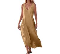 MaNMaNing Robe en Lin pour Femme Col V sans Manches Coupe Ample Et Confortable Un Modèle Basique Et Élégant dans Un Tissu Pur Naturel pour Look Décontracté Raffiné Au Quotidien Robe Lin Femme Été