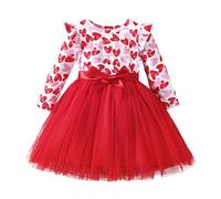 MaNMaNing Robe Fille Manches Longues Saint Valentin imprimé cœur Froufrou nœud Tulle Princesse Robe de soirée Robe de fête