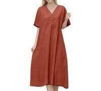 MaNMaNing Robe Longue en Lin Femme Col V Manches Courtes Coupe Ample Grande Taille Un Modèle Confortable Et Tendance pour L'Été Robe Lin Femme Grande Taille