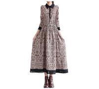 MaNMaNing Robe Longue en Lin Femme Imprimée Col Chemise Manches Longues Coupe Ample Un Modèle Décontracté Et Confortable pour Un Look De Tous Les Jours Robe Lin Femme Longue