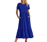 MaNMaNing Robe Longue Femme Col Rond Manches Courtes Décontractée Smockée Ligne A Poches Robe Plage Fluide