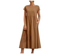 MaNMaNing Robe Mi-Longue en Lin Femme sans Manches Col Rond Coupe Ample avec Poches Un Modèle Basique Et Confortable pour L'Été Robe Lin Femme Poches