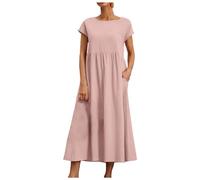 MaNMaNing Robe Mi-Longue en Lin Femme sans Manches Col Rond Coupe Ample avec Poches Un Modèle Basique Et Confortable pour L'Été Robe Lin Femme Poches