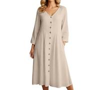 MaNMaNing Robe Mi-Longue en Lin Femme Taille Haute Manches Courtes Coupe Ample Et Confortable Un Modèle Simple Et Élégant pour Un Look Quotidien Décontracté Robe Lin Femme Chic