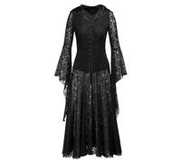 MaNMaNing Robe Petite Noire Médiévale Gothique Rétro Midi Noire Dentelle Grande Robe À Manches Courtes Et Design Ajusté pour Femmes Et Fêtes
