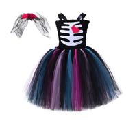 MaNMaNing Robe Tutu Noire sans Manches pour Fille déguisement Carnaval fête Halloween Danse Ballet Tulle Bouffant Robe avec Bandeau Costume Enfant fête Danse créative Loisir mariée Squelette
