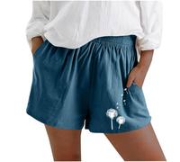 MaNMaNing Short en Lin Et Coton Femme Imprimé Pissenlit Original avec Ceinture Élastique Décontracté Léger Respirant Tendance Confortable pour L'Été La Plage Les Promenades Look Bohème