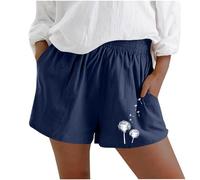 MaNMaNing Short en Lin Et Coton Femme Imprimé Pissenlit Original avec Ceinture Élastique Décontracté Léger Respirant Tendance Confortable pour L'Été La Plage Les Promenades Look Bohème
