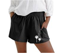 MaNMaNing Short en Lin Et Coton Femme Imprimé Pissenlit Original avec Ceinture Élastique Décontracté Léger Respirant Tendance Confortable pour L'Été La Plage Les Promenades Look Bohème