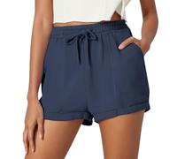 MaNMaNing Short en Lin Et Coton pour Femme Unis Décontracté Tendance avec Cordon Et Poches Pratiques Léger Respirant Confortable pour L'Été La Ville La Plage Les Promenades Look Décontracté M4