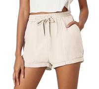 MaNMaNing Short en Lin Et Coton pour Femme Unis Décontracté Tendance avec Cordon Et Poches Pratiques Léger Respirant Confortable pour L'Été La Ville La Plage Les Promenades Look Décontracté M4