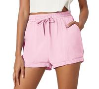 MaNMaNing Short en Lin Et Coton pour Femme Unis Décontracté Tendance avec Cordon Et Poches Pratiques Léger Respirant Confortable pour L'Été La Ville La Plage Les Promenades Look Décontracté M16