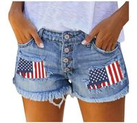 MaNMaNing Short Femme Décontracté en Jean Imprimé avec Patchs Drapeaux Franges Et Effet Déchiré Tendance Original Hot Pants Short Jean Femme