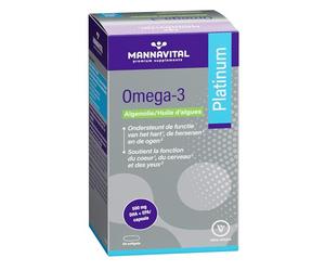 Mannavital Omega-3 Platinum Vegan, Huile d'Algues, 60 Gélules, DHA et EPA 500mg, Complément Alimentaire pour Cœur et Cerveau