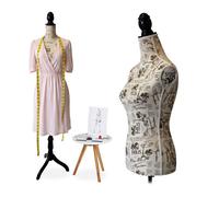 Mannequin de couture Relaxdays, femme, taille 36/38, réglable de 160 à 175 cm, socle en bois, design urbain, crème/noir