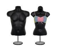 Mannequin noir homme + femme dos creux corps torse set avec support métallique avec poteau métallique et crochet de suspension S-M tailles S-M