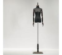 Mannequin Noir Torse Femme avec Bras en Bois, Base Antique Demi-Corps Robe Forme Mannequin Support Adjus Hauteur Mannequin sur Roues Présentoir De Vêtements, Wooden Base D2, M