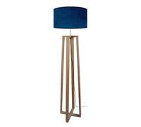 MANON-Lampadaire colonne bois naturel,aluminium Abat-jour: cylindre tissu bleu velours 1 ampoule E27 inspiration nordique
