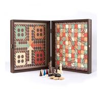 Manopoulos Ensemble de jeu de société 4 en 1 de style vintage fabriqué à la main en Grèce par des experts - Échecs, Backgammon, Ludo, serpents et échelles, 14 adultes et plus