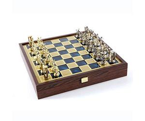 Manopoulos Minoan Period Brass-Nickel Chess Set - Wooden Case Blue Brass Board