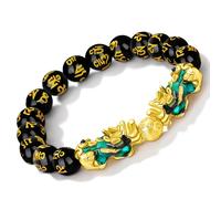 MANRUO Bracelet Feng Shui en obsidienne noire - Changement de couleur - Bracelets Pi Xiu - Dragon Mantra - Attire la richesse et la chance pour homme/femme, One Size, Métal