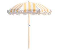 Mansader Parasol de plage bohème pliable avec franges, UPF 50+ avec sac de transport, mât en bois de qualité supérieure pour extérieur, jardin, pelouse, table de piscine, jaune, blanc et blanc